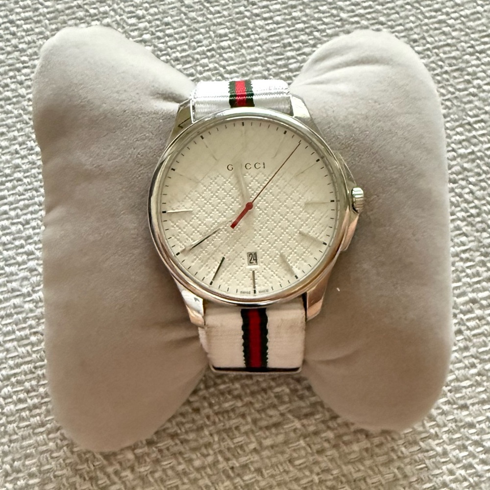 Gucci Silver and White Watch with Red and Green Stripes